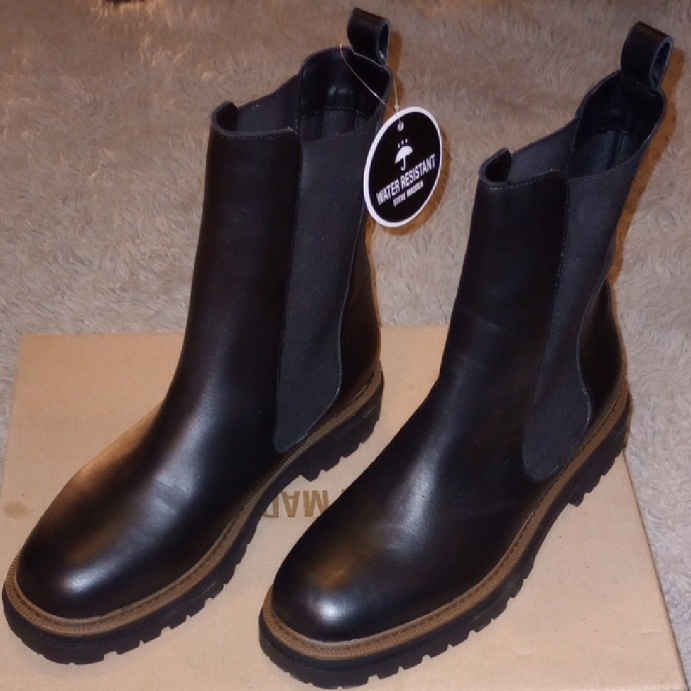 Steve Madden Black Pressly Boots Water Resistant Genuine Leather NWT Size 11